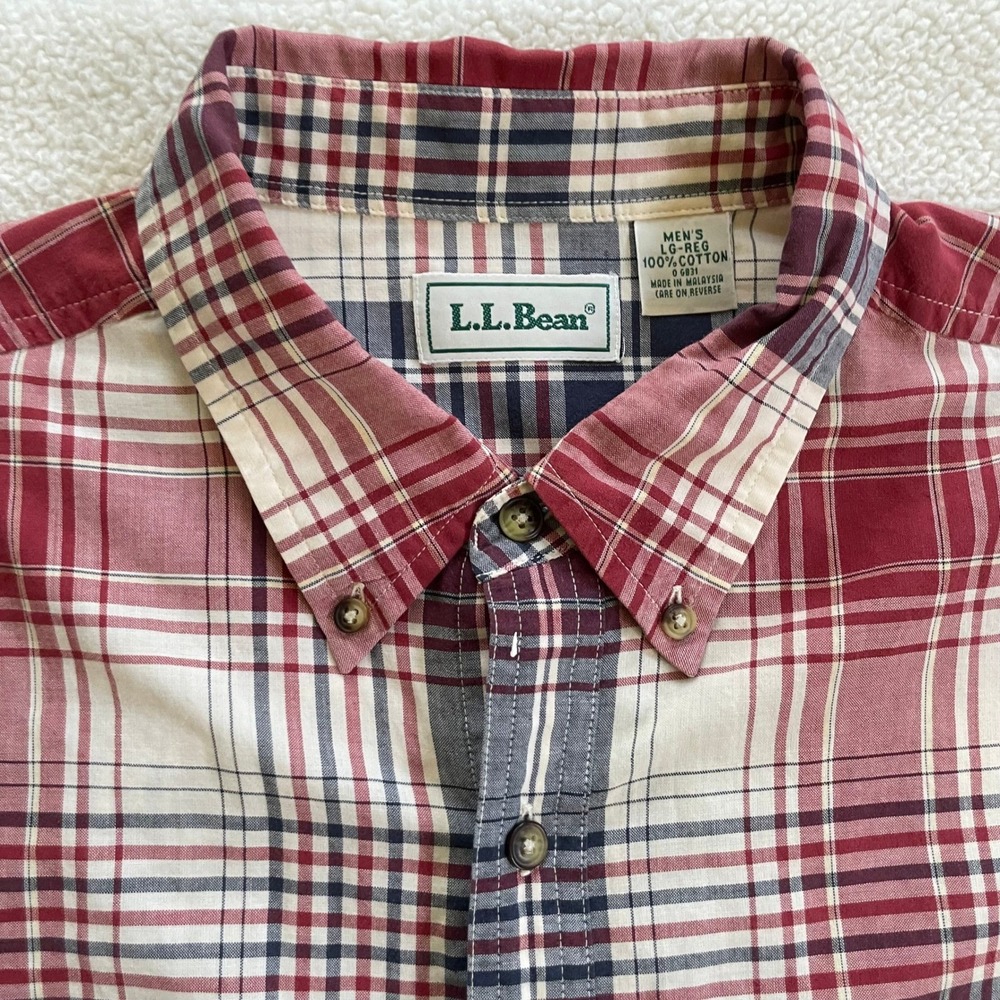 L.L. Bean Mens Large Short Sleeve Button Down Shirt Red Plaid Cotton 0G831 - Picture 9 of 12